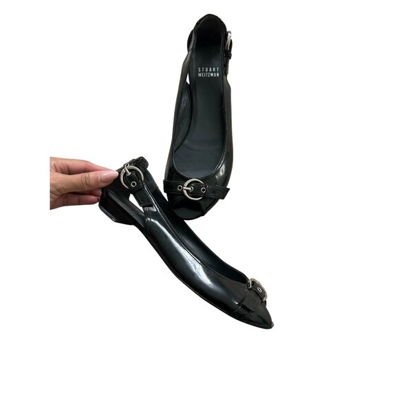 STUART WEITZMAN Black Patent Leather Peeptoe Buckle Flats Size 6.5 - Picture 8 of 9